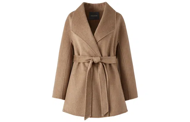 太平鸟 大师系列驼绒真丝双面呢大衣收腰呢子外套 女款 驼色/深灰