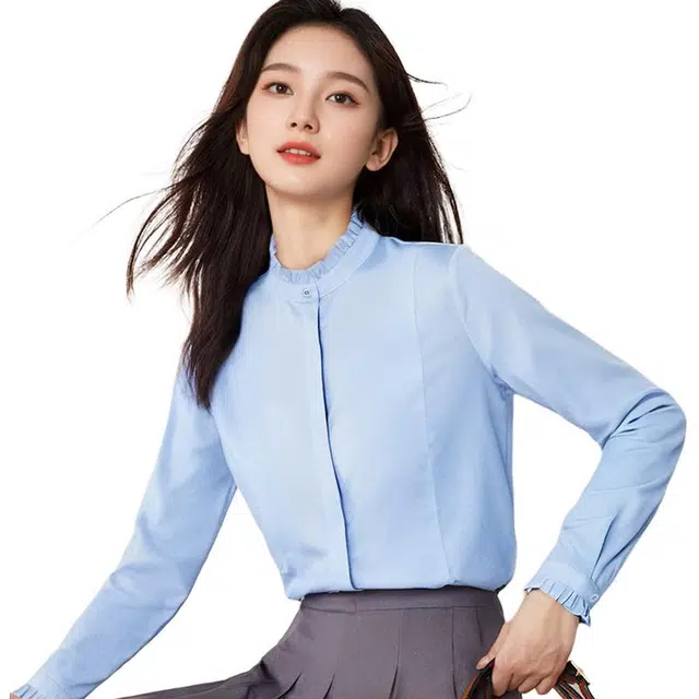 欧迪芬 立领女长袖春秋款韩版内搭气质设计感花边木耳领打底衫职业显瘦白衬衣衬衫 女款