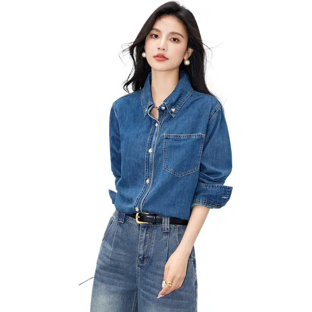 爱依莲 春秋季 时尚百搭高级经典复古长袖衬衫 女款 蓝色
