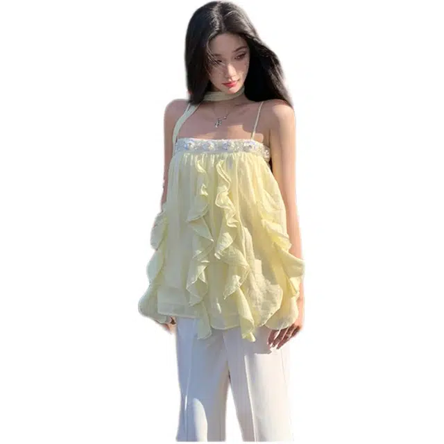 沐晓欣 露肩荷叶边背心外穿立体花朵清新甜妹上衣吊带 女款 浅黄色