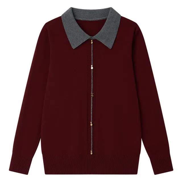 曲韩 简单气质的翻领上衣休闲时尚百搭显瘦针织衫 女款