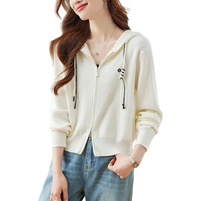曲韩 温柔慵懒风双拉链连帽长袖针织衫 女款