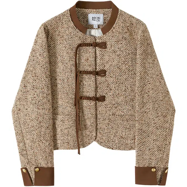 她池 复古立领宽松款拼接新中式夹克外套 女 花咖色