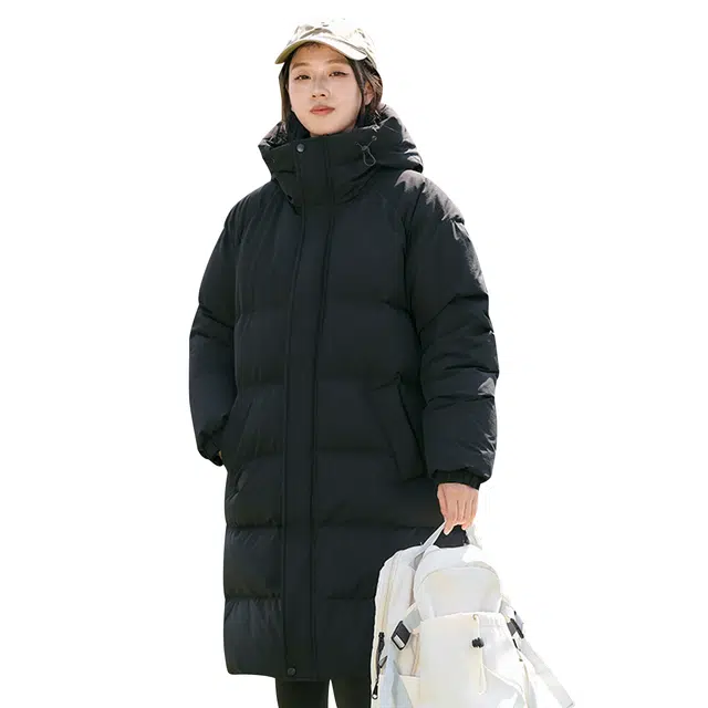 鸭鸭 美式复古基础款纯色户外运动舒适柔软防水无性别宽松休闲百搭高街轻便中长保暖防寒连帽羽绒服 男女同款 黑色