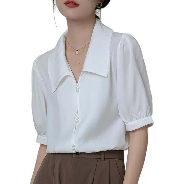 缪斯的诱惑 小众泡泡袖港风气质别致短袖衬衫 女款 白色