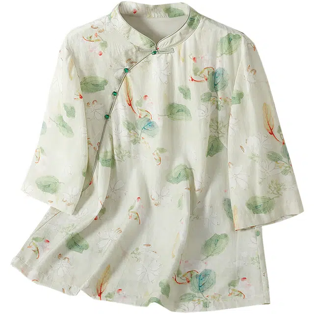 她池 复古国风宽松短袖衬衫 女款 青米色