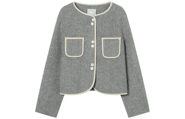 对白 复古小香风撞色包边双插袋外套短款大衣 女款