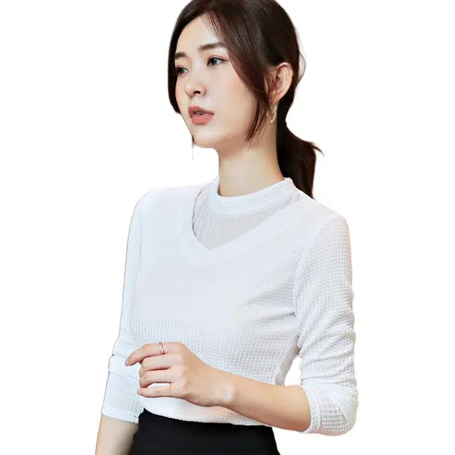 欧迪芬 蕾丝打底衫内搭春秋时尚洋气小衫针织网纱长袖衬衫 女款