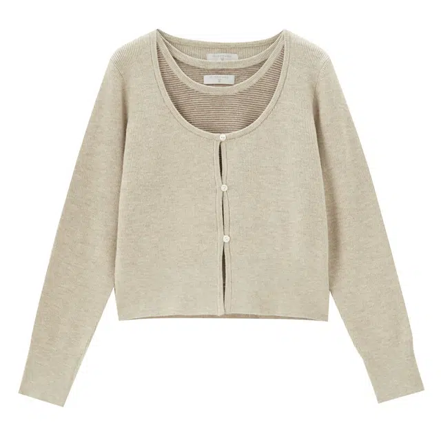 佐丹奴 毛织条纹背心圆领长袖休闲套装 女款 燕麦卡其