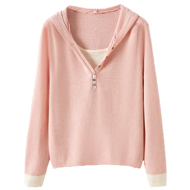 曲韩 超好看假两件连帽韩系外穿宽松针织衫 女款