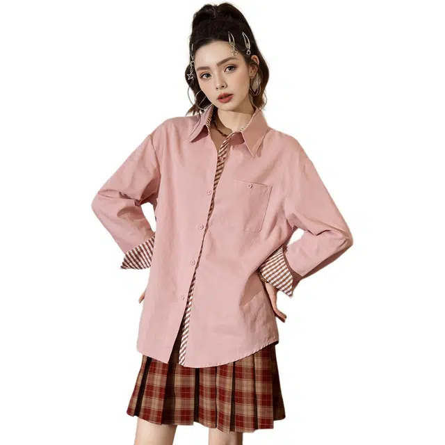 法文箱子 条纹翻领纽扣长袖衬衫 女款