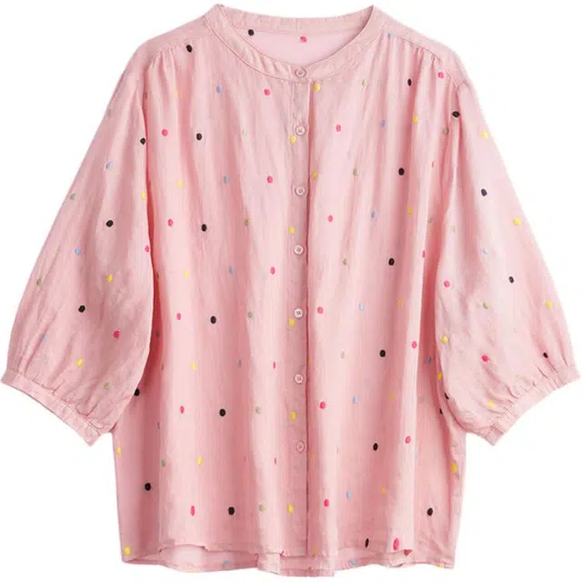 红蜻蜓 圆领彩色圆点刺绣苎麻上衣七分袖百搭气质衬衫 女款
