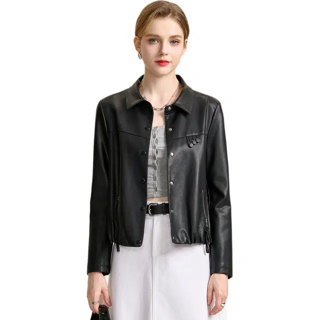 粉红玛琍 纯色单排扣长袖夹克外套 女款 黑色