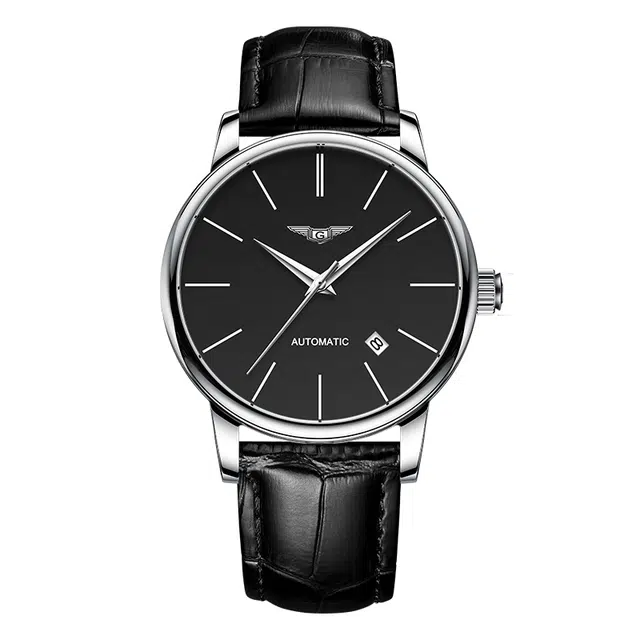 冠琴 非凡系列 简约时尚气质绅士商务腕表 自动机械机芯 牛皮表带 国表 男表 黑色表盘 防水夜光单日历