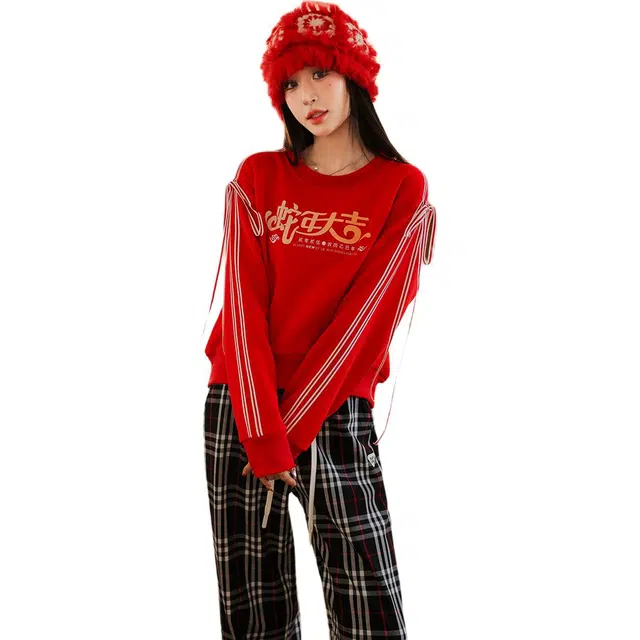 水中花 本命年甜美绑带蝴蝶结个性文字休闲卫衣 女款 红色