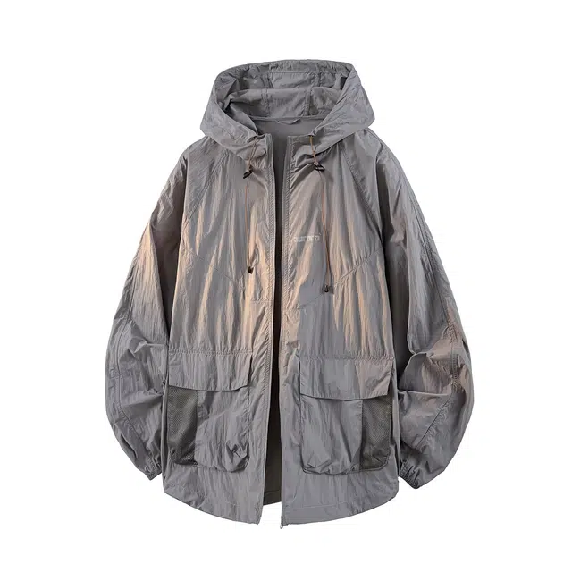 鸭鸭 户外运动基础潮牌高街纯色工装口袋设计薄款凉爽百搭宽松休闲连帽抽绳夹克外套 男女同款