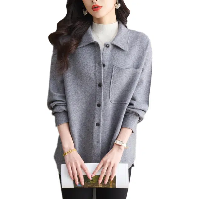 曲韩 翻领开衫春秋中长款上衣针织衫 女款