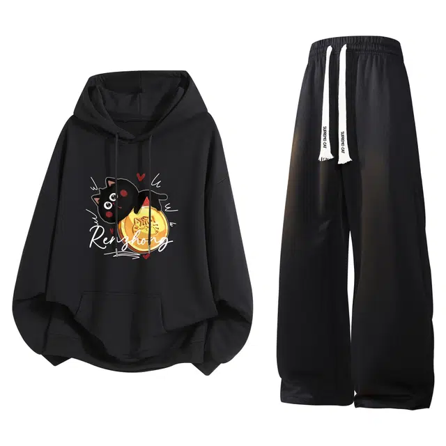 吾皇猫 学院风美式复古基础款舒适透气简约百搭卡通动漫印花国潮卫衣长袖长裤休闲运动套装 男女同款