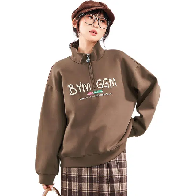 木果果木 美式复古字母半拉链立领卫衣 女款