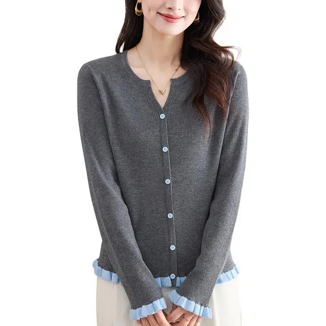 曲韩 半开领木耳花边撞色套头上衣设计感长袖春季针织衫 女款