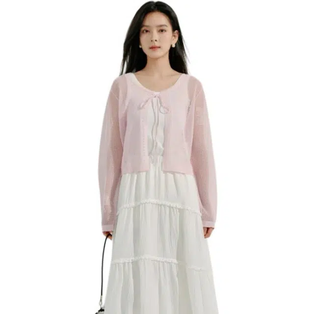 茵曼 休闲镂空宽松百搭显瘦长袖罩衫开衫针织衫 女款 桃粉色