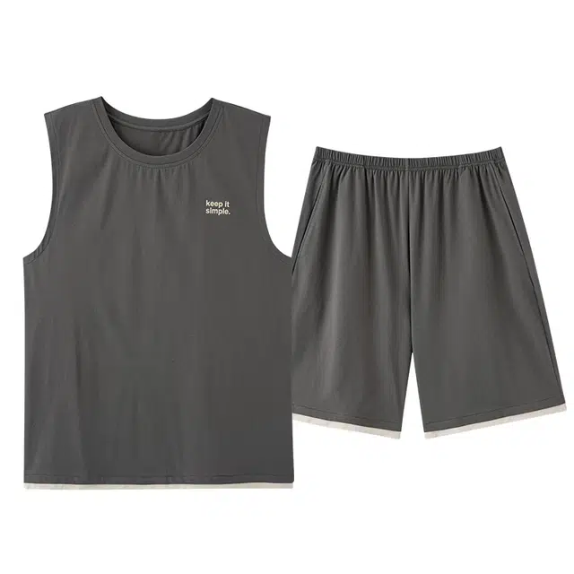 俏薇妮 柔软简约纯色时尚温馨运动风高级感背心家居服舒适透气休闲凉感可外穿夏季睡衣套装 男款