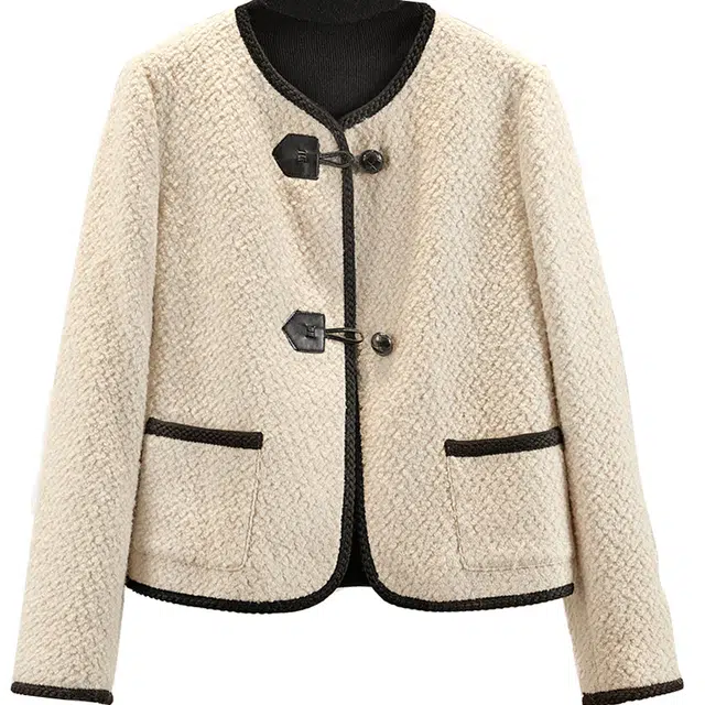 她池 法式优雅撞色织边两粒扣长袖上衣短款外套 女款