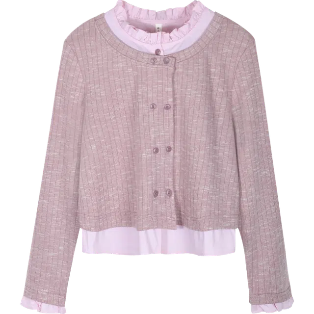 谜秀 双排扣衬衫花边拼接开衫时尚减龄小清新针织衫 女款