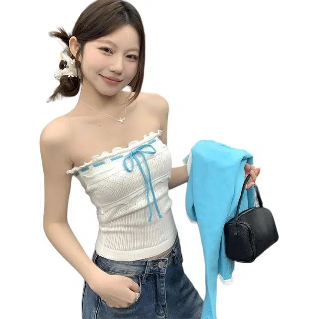 思蓓儿 度假风长袖辣妹系带别致抹胸背心女时尚套装针织衫 女款
