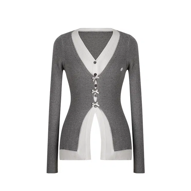 花铃太太 拼色假两件蝴蝶结装饰针织衫 女款