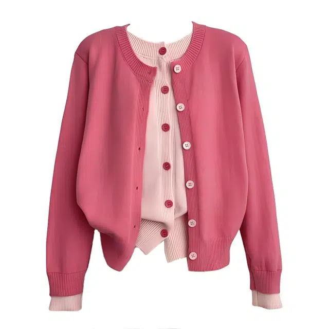 桴生 韩系甜美温柔风宽松休闲拼接假两件开衫上衣针织衫 女款