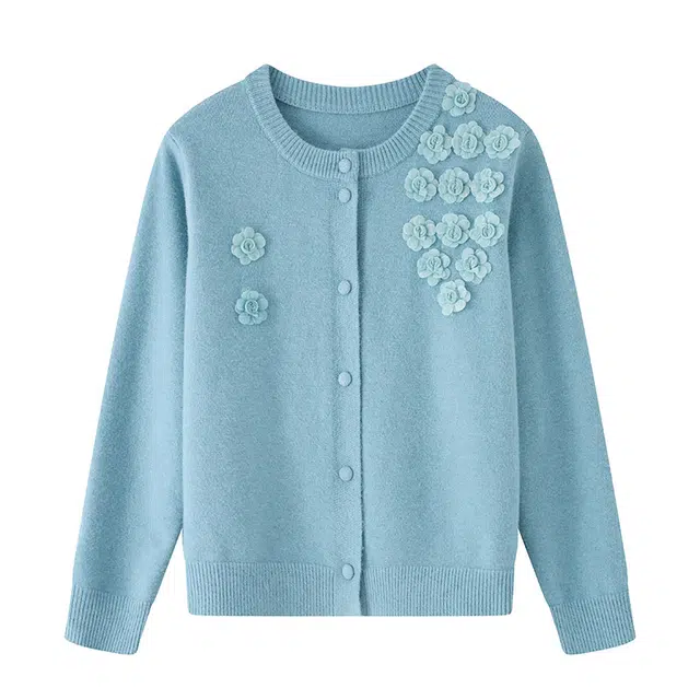 曲韩 圆领花朵开衫外套休闲时尚百搭显瘦长袖针织衫 女款