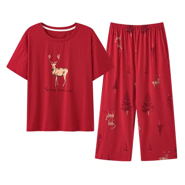 潞优野 柔软细腻纯棉短袖七分裤睡衣套装 女款