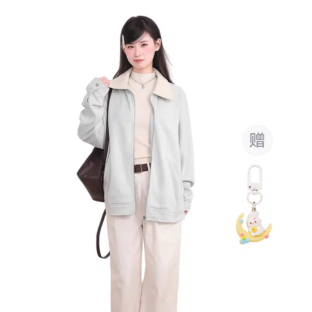 柏黛妃 麂皮绒翻领棒球服宽松拉链开衫夹克外套 女款 蓝色+赠品