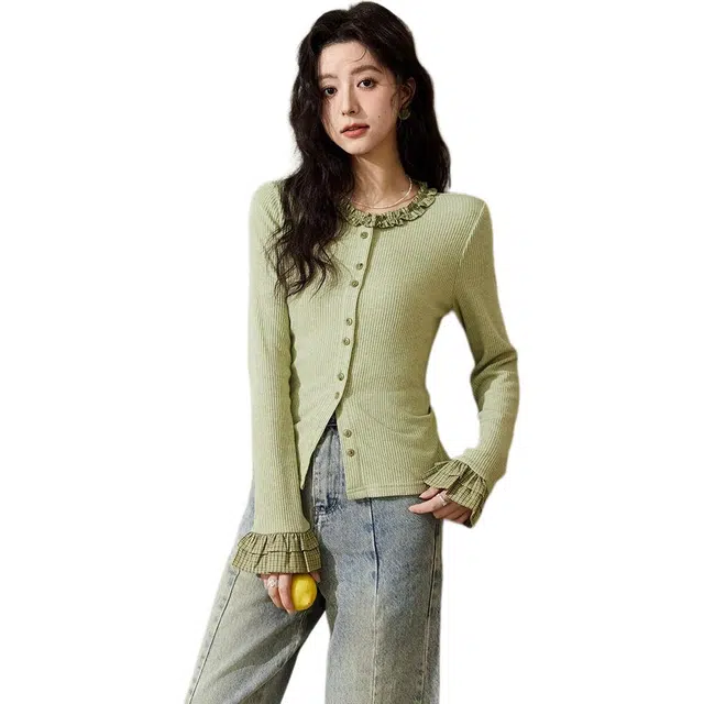 谜秀 格纹木耳边百搭小个子时尚收腰显瘦针织衫 女款 绿色