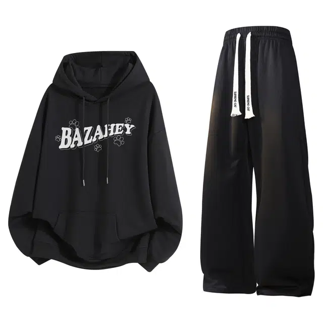 吾皇猫 美式百搭宽松长袖上衣复古简约长裤休闲运动套装 男女同款