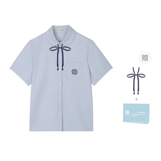 冰淇淋与鲸 夏季 学院风设计感刺绣衬衣纯色简约休闲高级感短袖衬衫 女款 浅蓝色