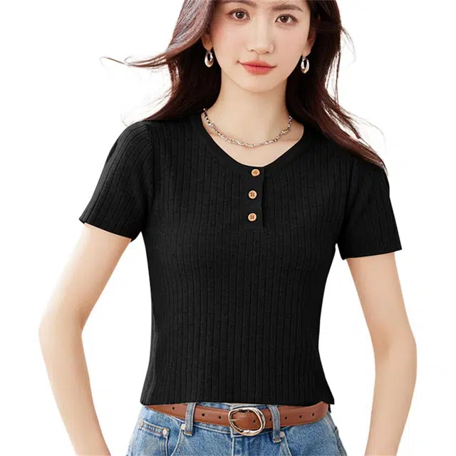 莫代尔 短袖短款圆领韩版半开领纯色套头小款女针织衫 女款