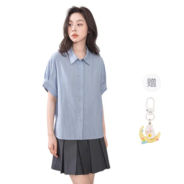 柏黛妃 设计感翻领宽松短袖衬衫 女款 蓝色