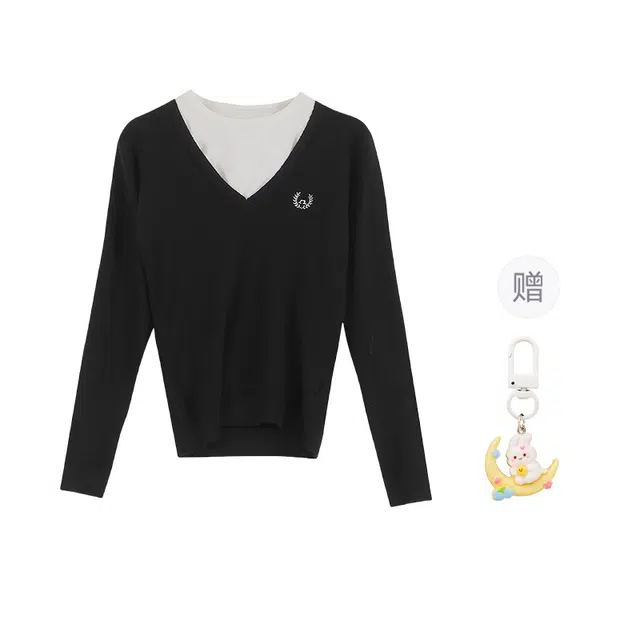 柏黛妃 假两件短款长袖上衣针织衫 女款 黑色+赠品