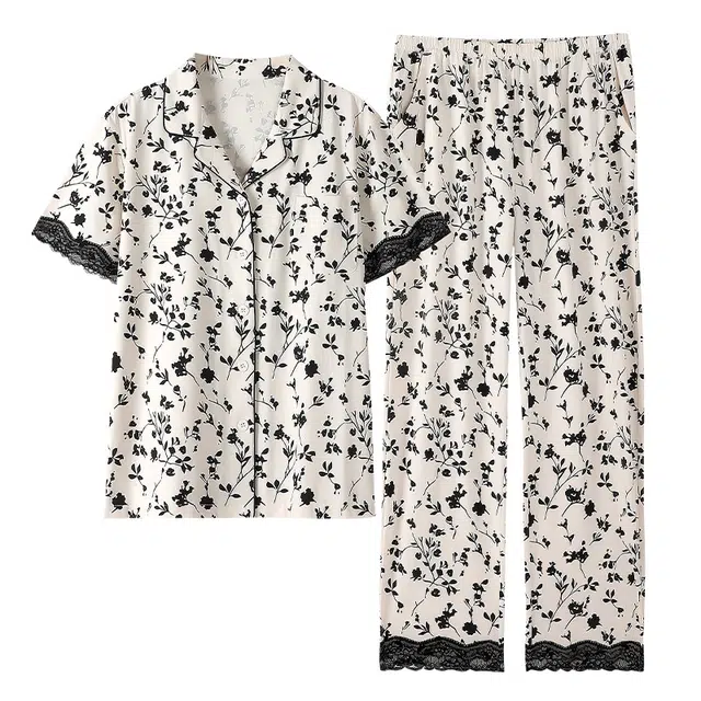 潞优野 家居服短袖上衣薄款长裤睡衣套装 女款