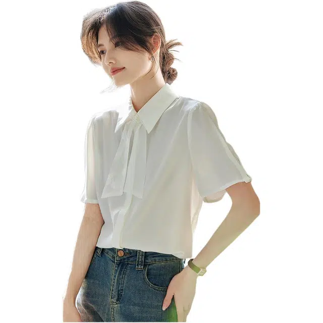 沐晓欣 纯色宽松翻领适中短袖衬衫 女款 杏色