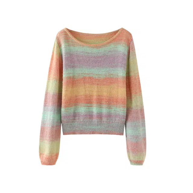 花栗鼠小姐 复古圆领宽松套头垂感长袖针织衫 女款 彩虹条