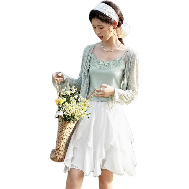 谜秀 学院文艺森系可爱减龄修身两件套针织衫 女款 浅绿色