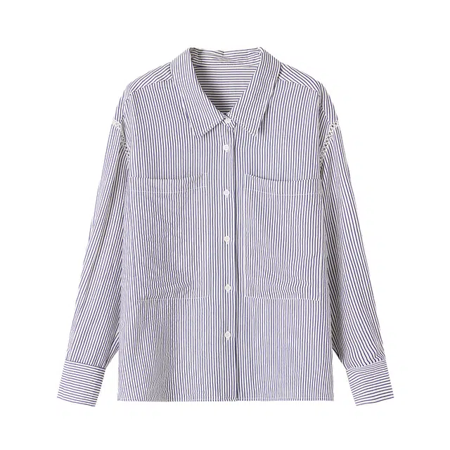 潞优野 智性通勤条纹女春季简约风翻领叠穿衬衫 女款 蓝色