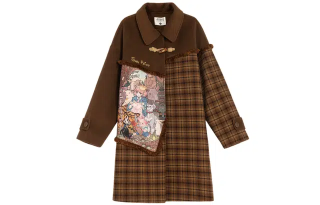 森女部落 原创油画风拼接美拉德风毛呢外套格子宽松秋冬大衣 女款 棕色