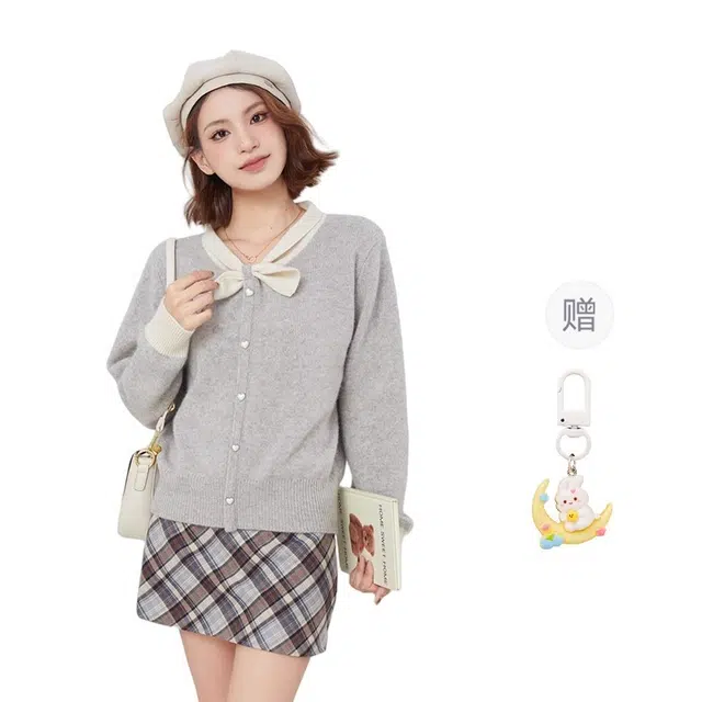 柏黛妃 蝴蝶结开衫小个子内搭通勤长袖针织衫 女款 灰色