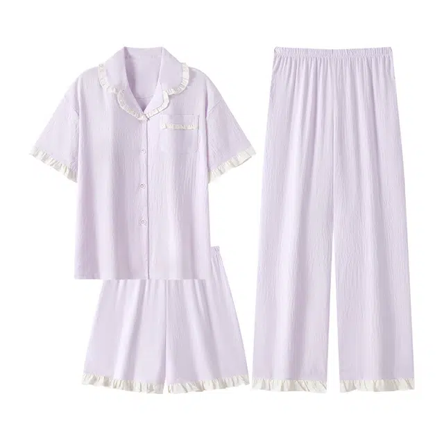 顶瓜瓜 甜美可爱翻领短袖上衣纯色休闲舒适短裤家居服长裤睡衣套装 女款