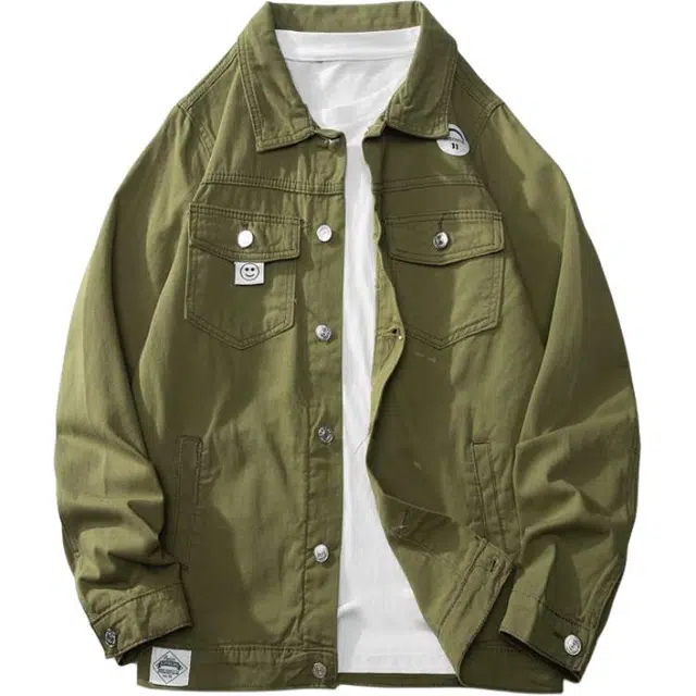 曲韩 宽松休闲复古潮牌夹克外套 男女同款 军绿