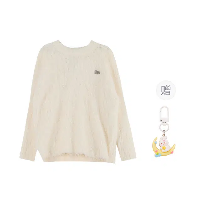 柏黛妃 纯色慵懒风加绒加厚通勤休闲舒适长袖针织衫 女款 白色